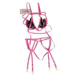 Roma Confidential Black Pink Strappy Garter Bra Underwire Support Set Small‎ NEW